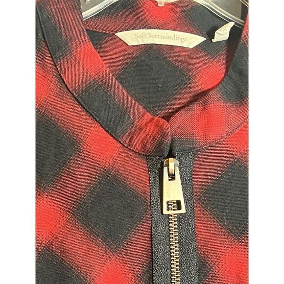 Soft Surroundings LG Manchester Tunic Red Black Buffalo Plaid Full Zip Shacket. - Picture 5 of 8